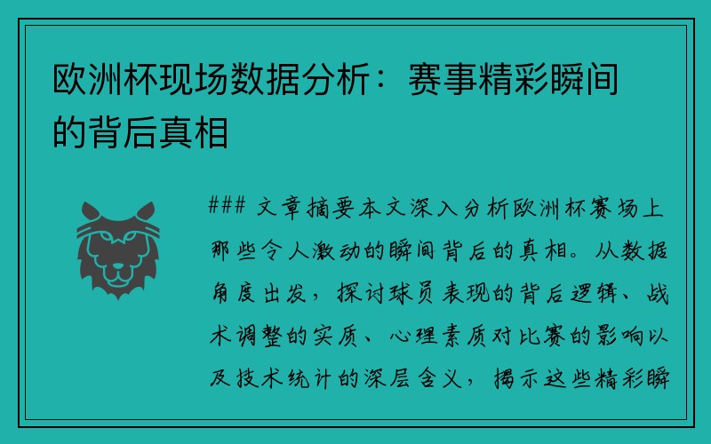 欧洲杯现场数据分析：赛事精彩瞬间的背后真相